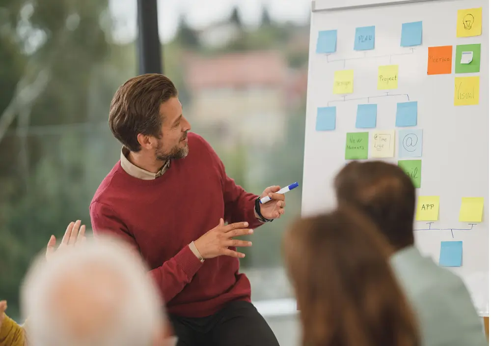 Man presenting project strategy to work group